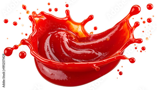 A splash of thick, vibrant red sauce erupts upwards with droplets, against black