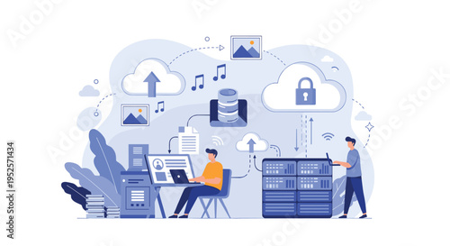 Comprehensive cloud computing and data management concept showing IT professionals working on laptops with server racks and storage icons.