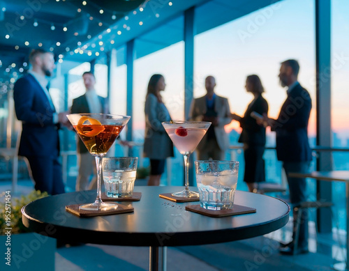 Elegant after-work corporate gathering with professionals socializing in a modern office setting. Business networking and workplace culture concept ideal for teamwork, collaboration and professional