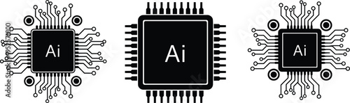 Artificial Intelligence Processor Icon Set with AI Microchip Circuit Board Technology Hardware Components and Digital Computing CPU Electronic Central Processing Unit