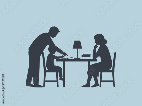 Silhouette illustration of a father helping his son with homework at a desk, with a mother watching