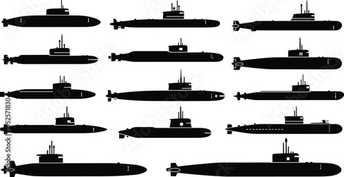 Set of various military submarine silhouettes including nuclear and diesel-electric vessels for naval warfare icons, underwater maritime transportation and army equipment