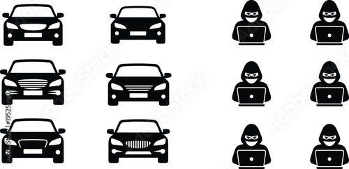 Black icons of cars and hackers behind laptops representing automotive cybersecurity, vehicle hacking threats, and digital car theft protection concepts.
