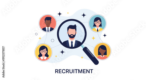 Human resources recruitment process showing a professional male candidate under a magnifying glass for job selection.