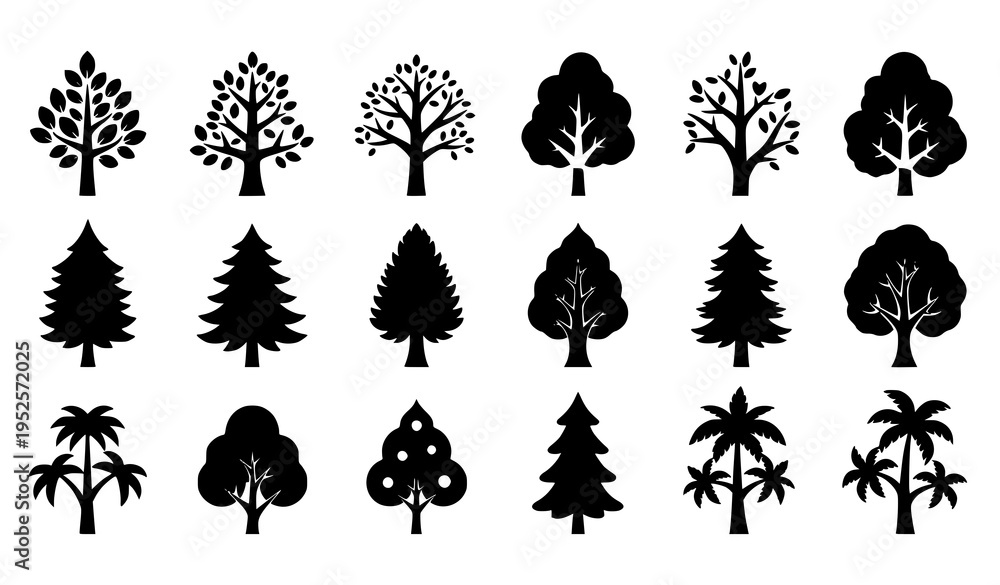Fototapeta premium Minimal tree silhouette vector collection with various forest and tropical tree shapes isolated on white