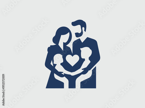 Modern graphic illustration of a united family, featuring parents and two children holding hearts, representing affection, support, and the strong bond of family love and togetherness
