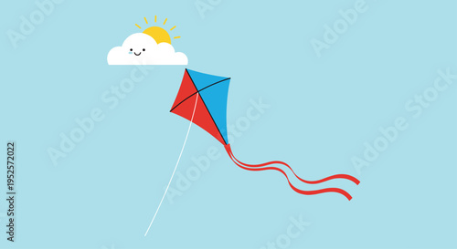 Colorful kite flying high in the blue sky next to a cheerful smiling cloud and a bright sun during a pleasant summer day.