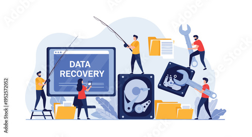 Professional data recovery service concept with people fishing for lost digital files from a computer screen and hard drive.
