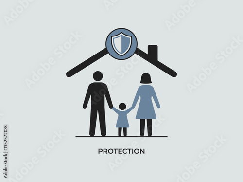 Conceptual vector illustration depicting comprehensive family and home protection, symbolizing security, safety, and insurance for loved ones and property under a secure roof