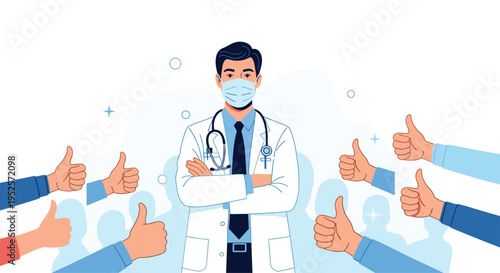 Reliable medical doctor wearing a face mask and stethoscope receiving many thumbs up from patients for excellent healthcare.