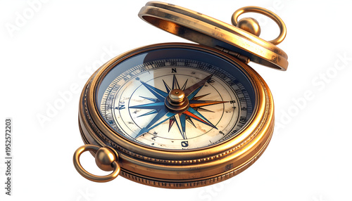 Antique brass compass with open lid points the way for direction and navigation