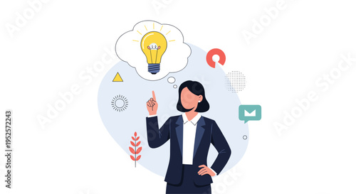 Businesswoman having a creative breakthrough with a bright lightbulb idea appearing in a thought bubble over her head.