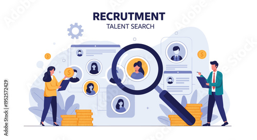 Human resources recruitment team using a magnifying glass to search for the best candidate profiles on a digital portal.