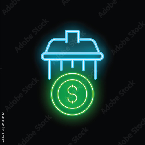 Neon glowing icon of shower head pouring money on dollar coin on black background