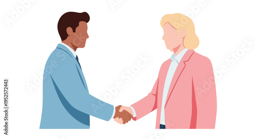Two diverse individuals, a man in a blue suit and a woman in a pink blazer, shake hands in a flat vector style, representing collaboration.