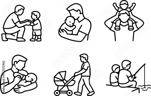 Fatherhood parenting child care family love line icons
