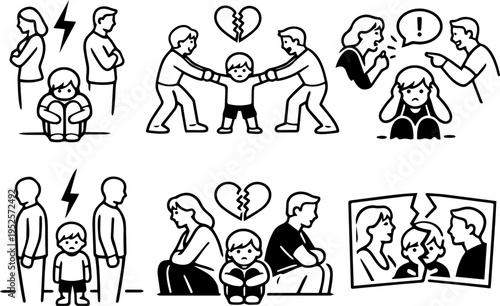 Family conflict divorce child stress crisis line icons
