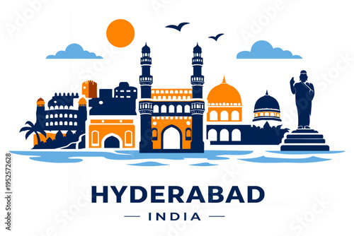 Hyderabad Skyline Flat Vector Charminar Golconda Buddha Statue India Travel Illustration