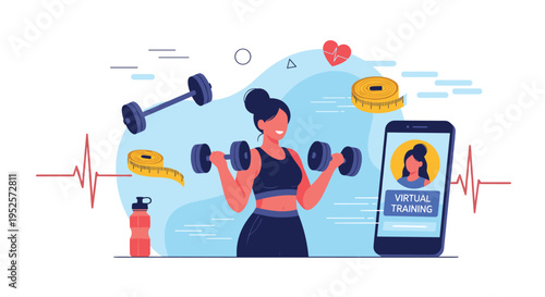 Healthy lifestyle and virtual training concept with a woman lifting weights while following a fitness coach on a smartphone.
