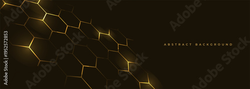 Hexagon technology black and gold colored honeycomb abstract background. Vector illustration wide banner