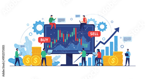 Online stock market trading platform with people analyzing financial candlestick charts for buying and selling investments.