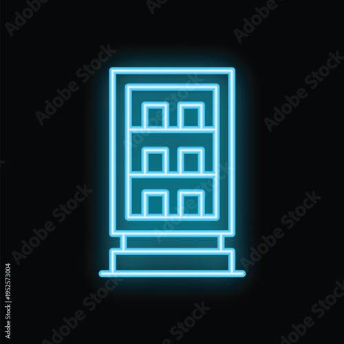 Blue neon sign vending machine with snack and drink on a black background
