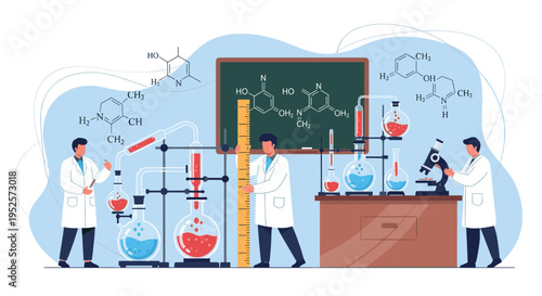 Scientists performing chemical research in a modern laboratory with complex formulas on a blackboard and glass equipment.