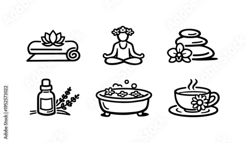Clean set of six simple wellness icons in black outline inside rounded square tiles, ideal for ui or wellness design.