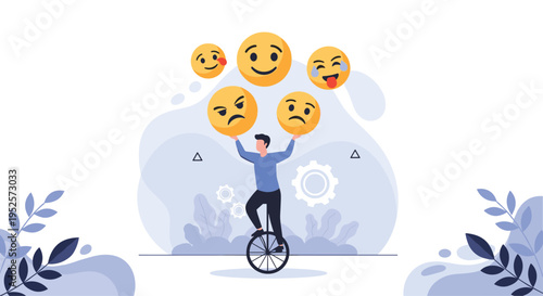 Emotional intelligence concept with a man on a unicycle balancing different emoji faces to show mood regulation skills.