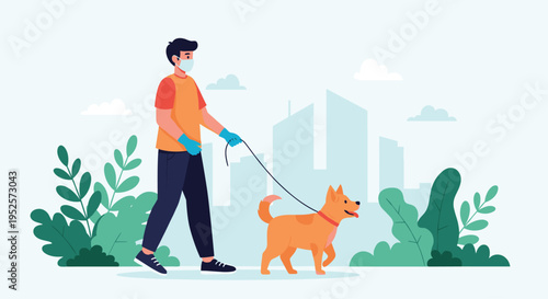 Responsible man wearing a face mask and gloves while walking his dog on a leash through a city park during a pandemic.