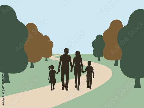 A serene illustration of a family walking together on a path through a park with trees lining the way, depicting togetherness and nature