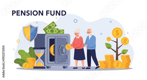 Senior couple saving money for their pension fund by putting a gold coin into a secure bank vault with financial growth.