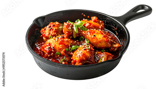 Close-up of saucy chicken wings with sesame seeds & green onions in a cast iron skillet