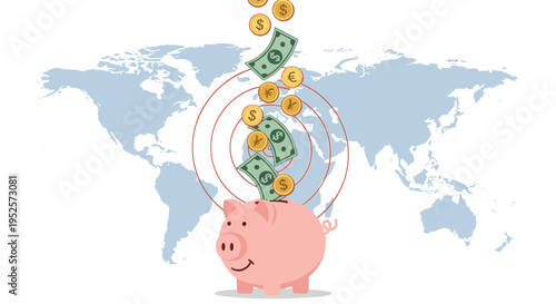 Global savings and finance concept showing various international currencies falling into a pink piggy bank over a world map.