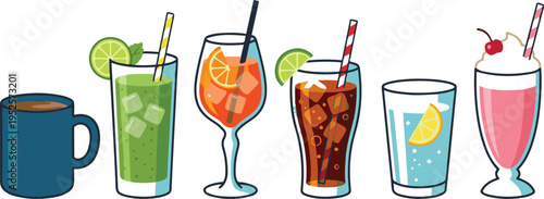 Colorful set of illustrated refreshing beverages including coffee, lemonade, cocktails, soda, and milkshake in various glasses, perfect for summer drink concepts and menu designs.