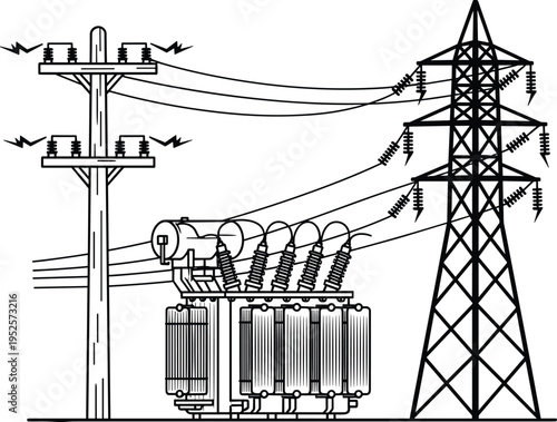 High voltage electrical power line silhouette with transformer and transmission tower, industrial electricity grid infrastructure black line art illustration on white background.