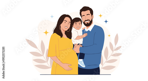 Portrait of a happy family featuring a bearded man, his pregnant wife in a yellow dress, and their smiling young child.
