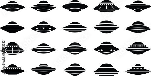 Set of twenty black flat UFO icons isolated on white background representing alien spaceships unidentified flying objects and extraterrestrial technology