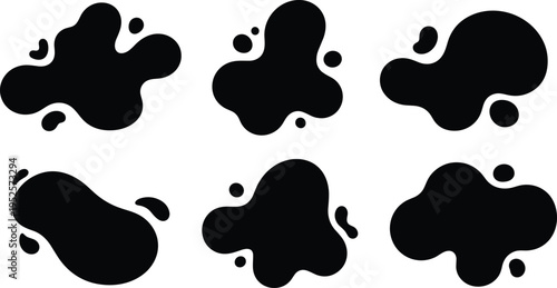 Abstract organic black blob shapes set, minimalist liquid fluid splash silhouettes, modern wavy amoeba vector elements for creative graphic design projects.