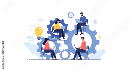 Teamwork and creative collaboration concept with business people working on laptops atop giant moving gears.