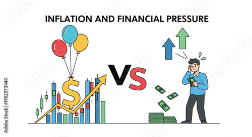 Inflation and financial pressure comparison illustration showing rising costs against a man losing his savings.