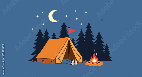 Cozy night camping scene in pixel art style featuring a tent near a campfire under a crescent moon and stars.