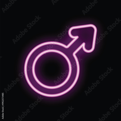 Neon pink male gender symbol is glowing on a black background
