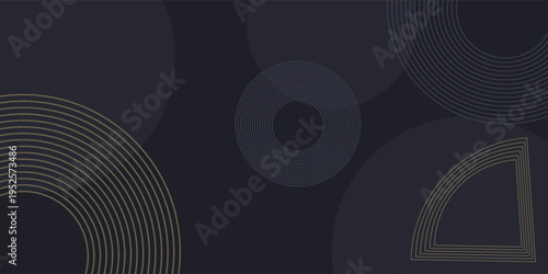 Geometric decorative background in Asian style for web, app, landing. Modern dynamic editable abstract geo different shapes such gold lines, semicircle in random order. Minimalist dark wallpaper.