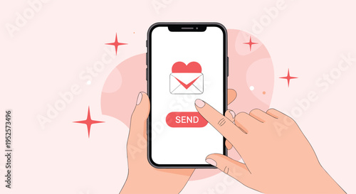 Hands holding a smartphone to send a romantic love letter or valentine email message with heart symbols.