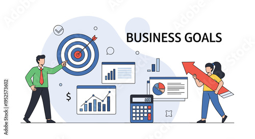 Business goals and financial success targeting illustration featuring charts people and a large target board.