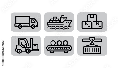 Six outlined logistics and shipping icons shown on rounded white cards, thin stroke line art with labels, clean transport and warehouse theme for ui or infographics.