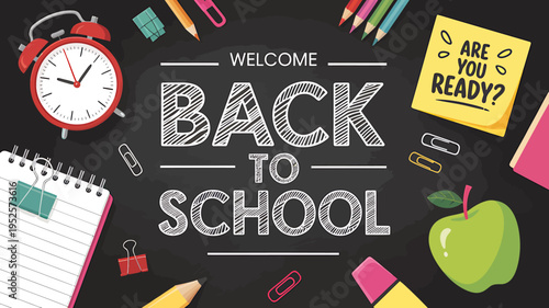 Back to school concept with alarm clock and school supplies on dark background