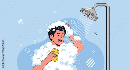 Young man enjoying a refreshing shower with soap suds and a sponge under a modern chrome showerhead.