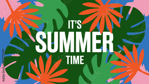 Vibrant summer time tropical leaves and flowers text graphic design element